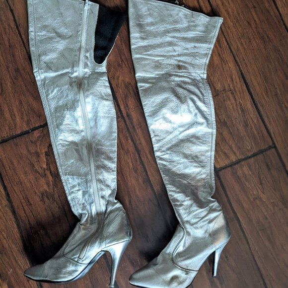 Vintage 80s Silver Leather NYLA Thigh-High space boots Size 7 - Picture 2 of 11